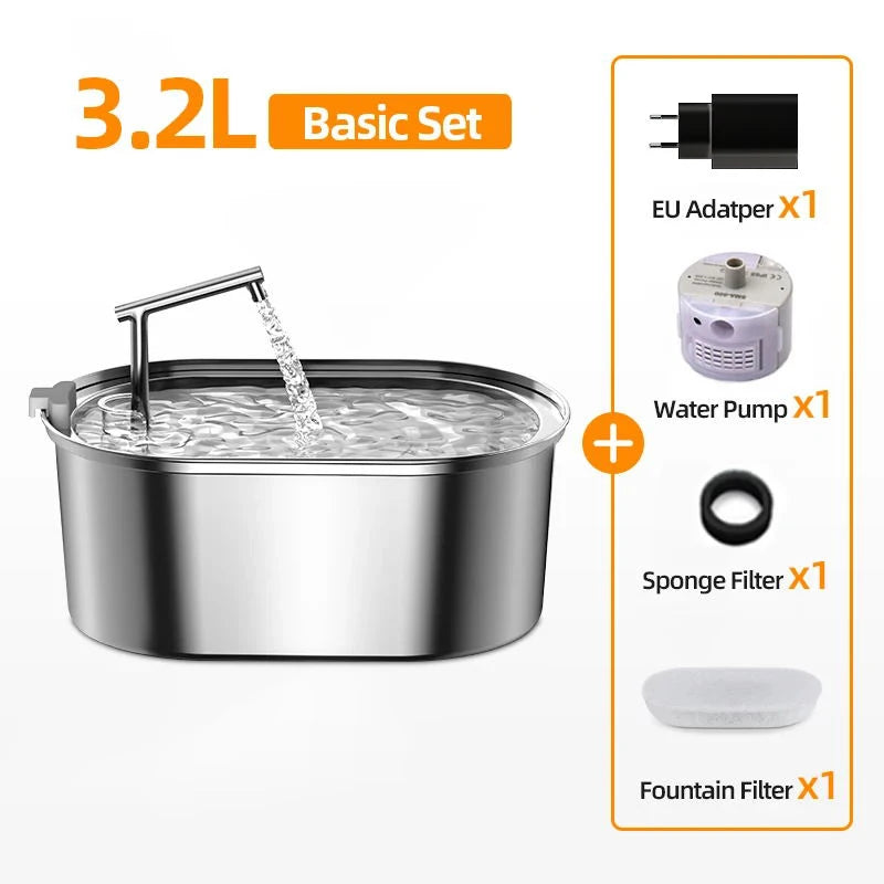 3.2L Stainless Steel Cat Water Fountain - Automatic Pet Water Dispenser for Dogs & Cats