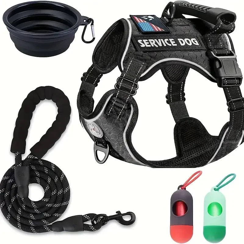 Dog Harness Set — Chest Vest, Shock-Absorbing Lead, Folding Bowl & Waste Bags