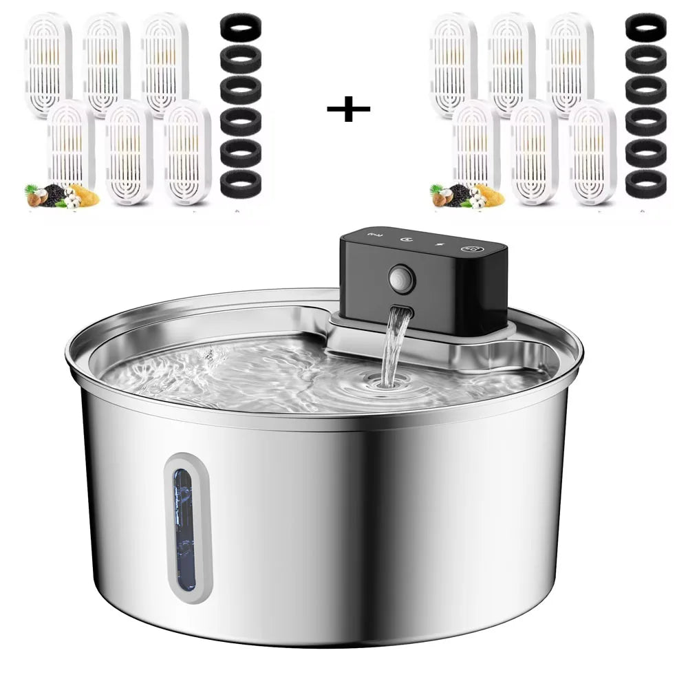 Smart Wireless Charging Pet Water Fountain with Sensor - 3.2L Stainless Steel