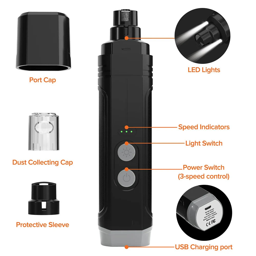 Electric Pet Nail Grinder with LED Light - USB Rechargeable Quiet Trimmer
