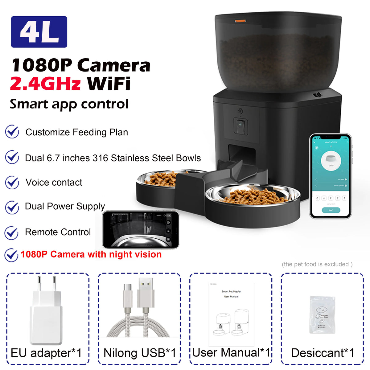 Automatic Pet Feeder with 1080p Camera, Voice Recorder & Remote Control
