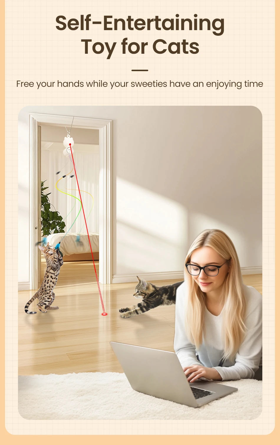 2-in-1 Automatic Cat Laser Toy with Feather Wand - Interactive Pet Entertainment