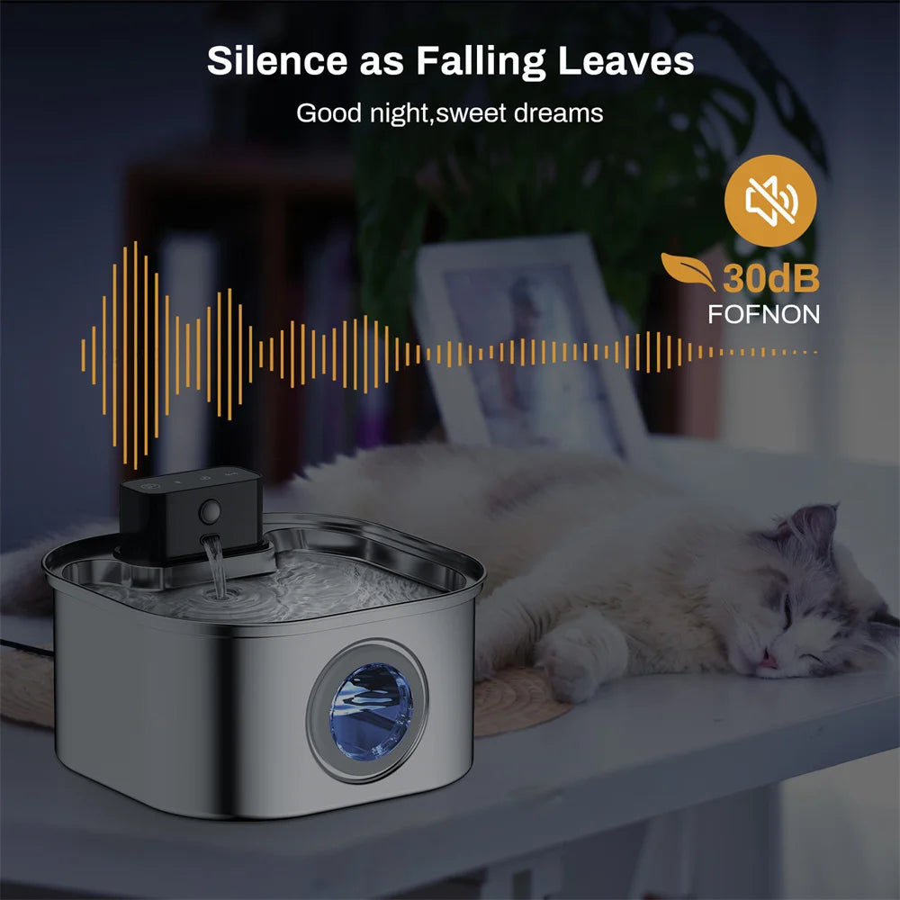 Wireless Charging Pet Water Fountain with Sensor - 3.2L Stainless Steel