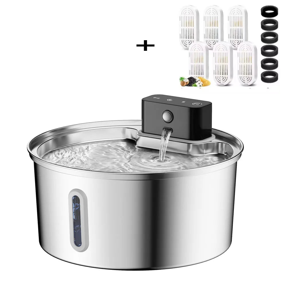 Smart Wireless Charging Pet Water Fountain with Sensor - 3.2L Stainless Steel