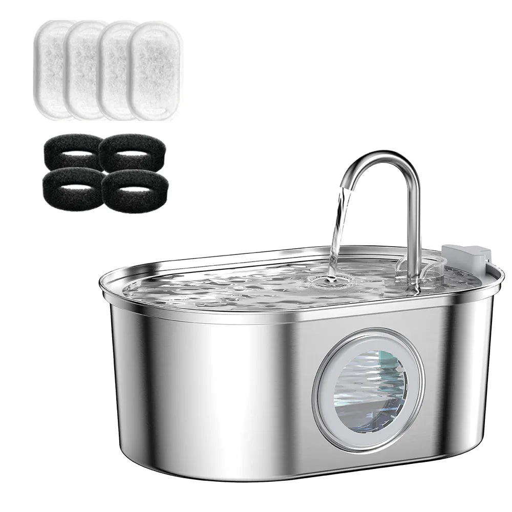 Premium Pet Water Fountain - 3.2L Stainless Steel with Silent Filter & Transparent Window