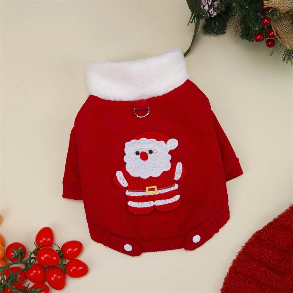 Christmas Pet Jacket with Fur Collar & Traction Ring