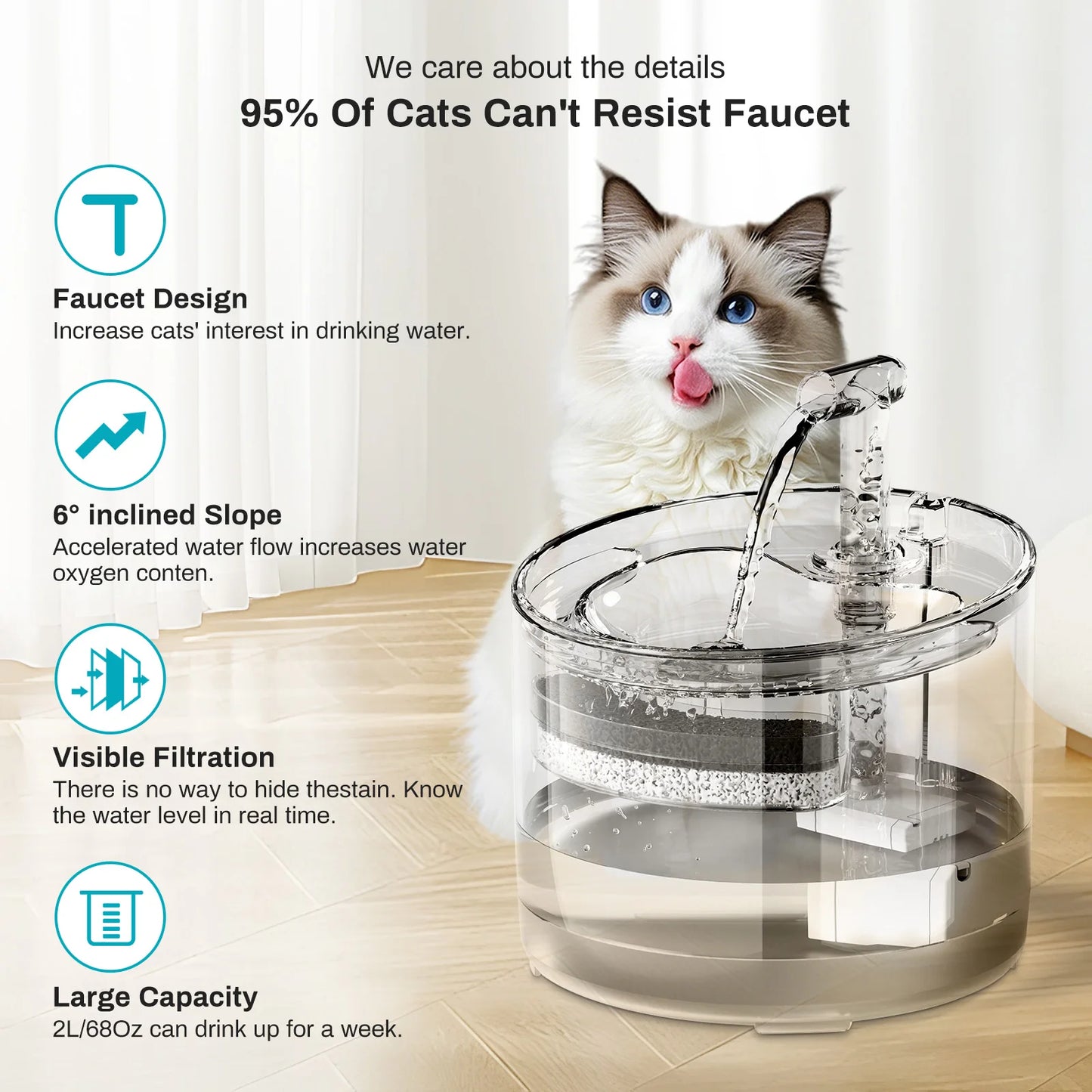 2.2L Silent Pet Water Fountain with Visible Filtration - Automatic Dispenser for Cats & Dogs