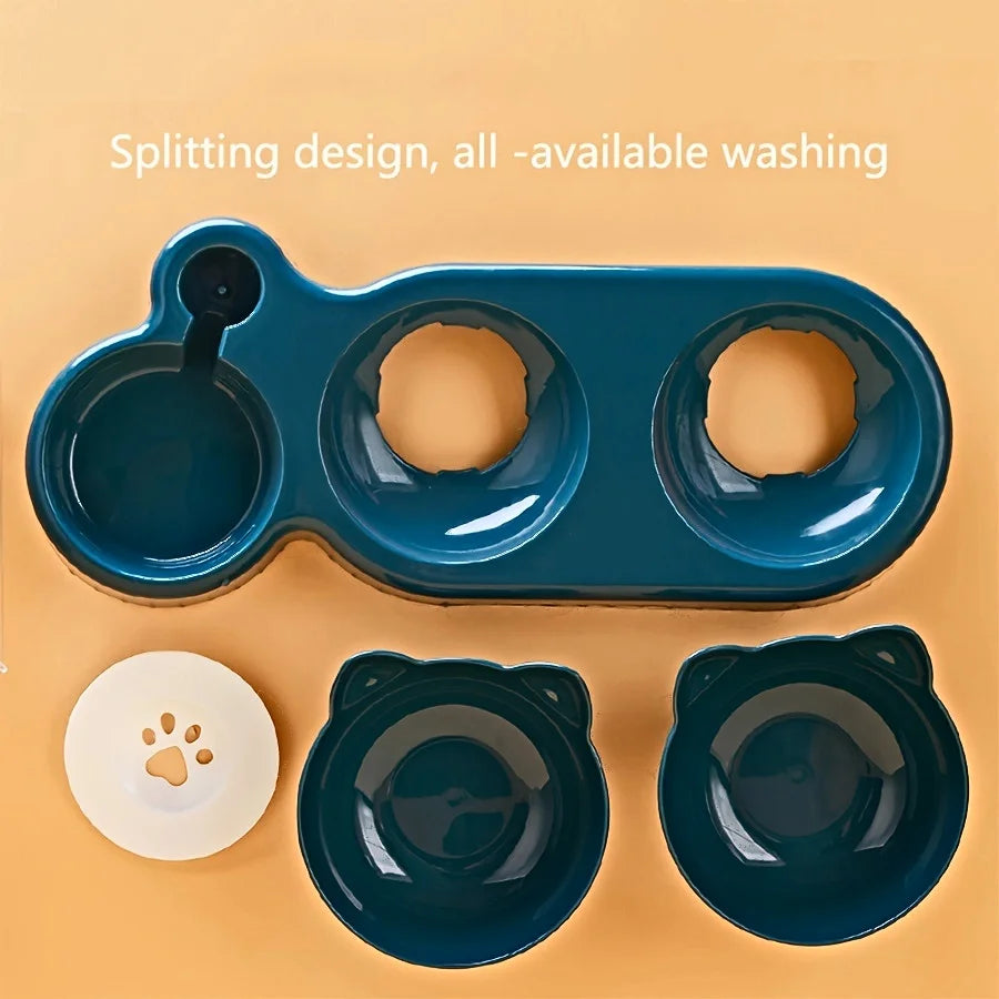3-in-1 Pet Bowl Set with Gravity Water Feeder - Tilted Design with Ear Shape for Neck Protection