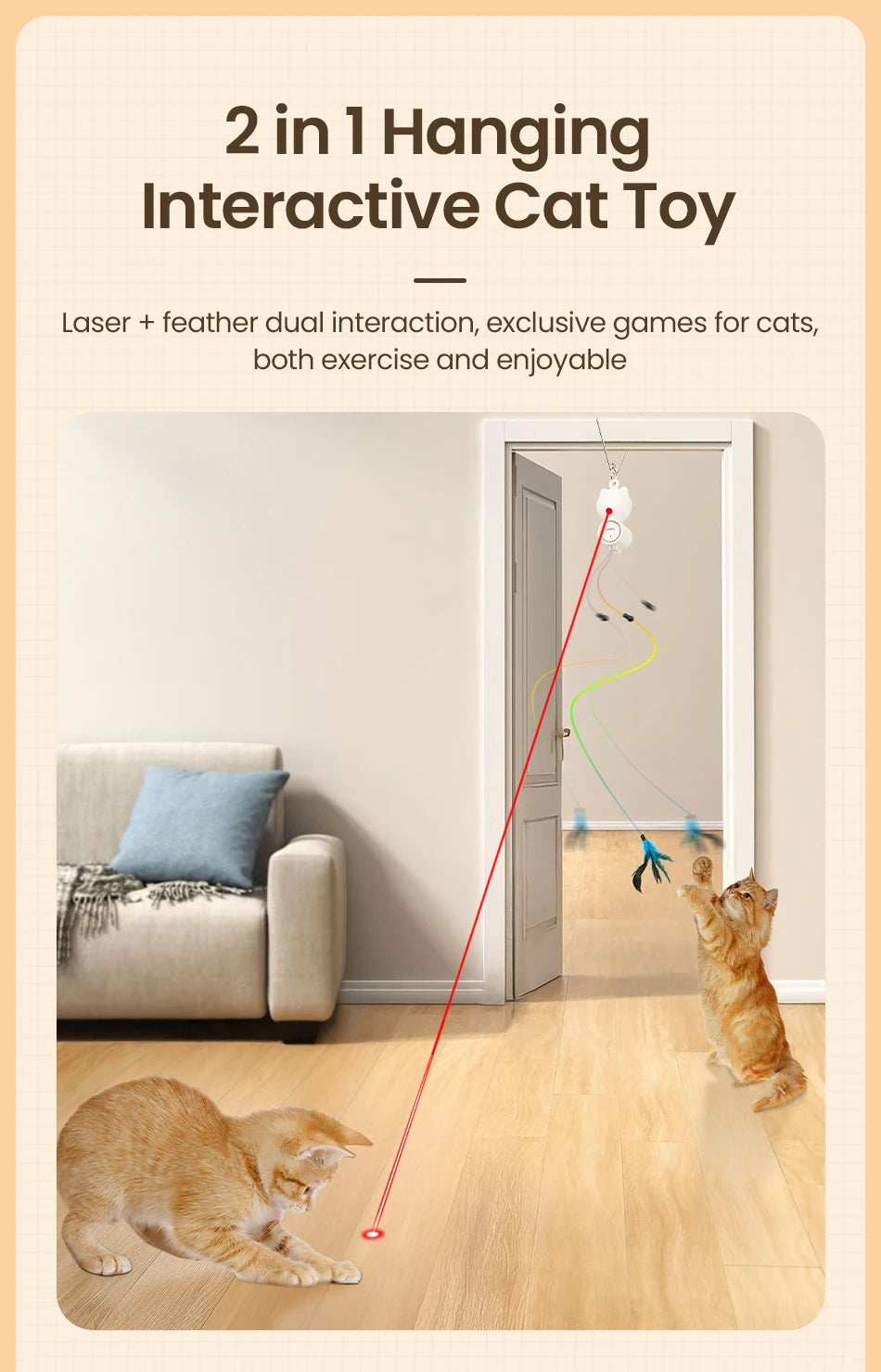 2-in-1 Automatic Cat Laser Toy with Feather Wand - Interactive Pet Entertainment