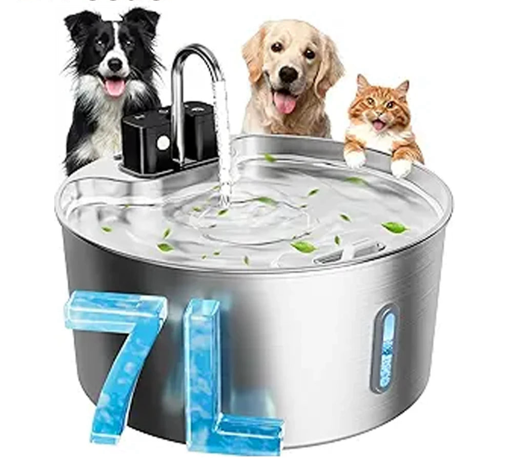 Fontaine à eau sans fil rechargeable pour animaux de compagnie 7 L - Acier inoxydable