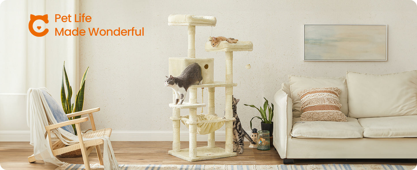 Multi-Level Cat Tree 143cm - Stable Tower with 2 Plush Perches