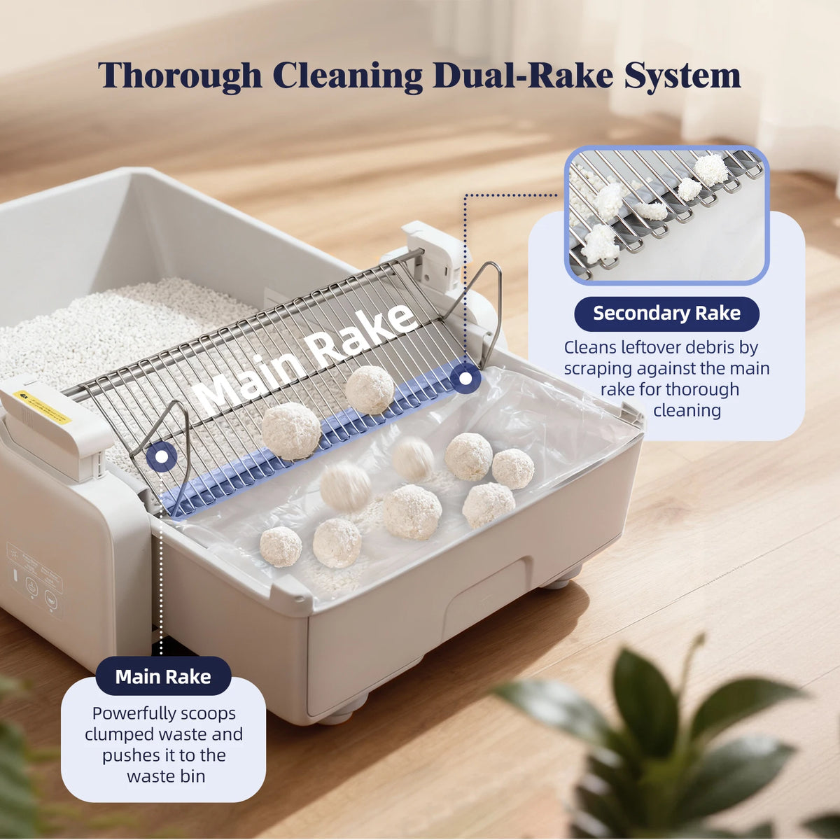 Robotail XL Self-Cleaning Cat Litter Box | Open Design | Dual Rake | Teflon Pan | 6-Cat App | 20 Liners