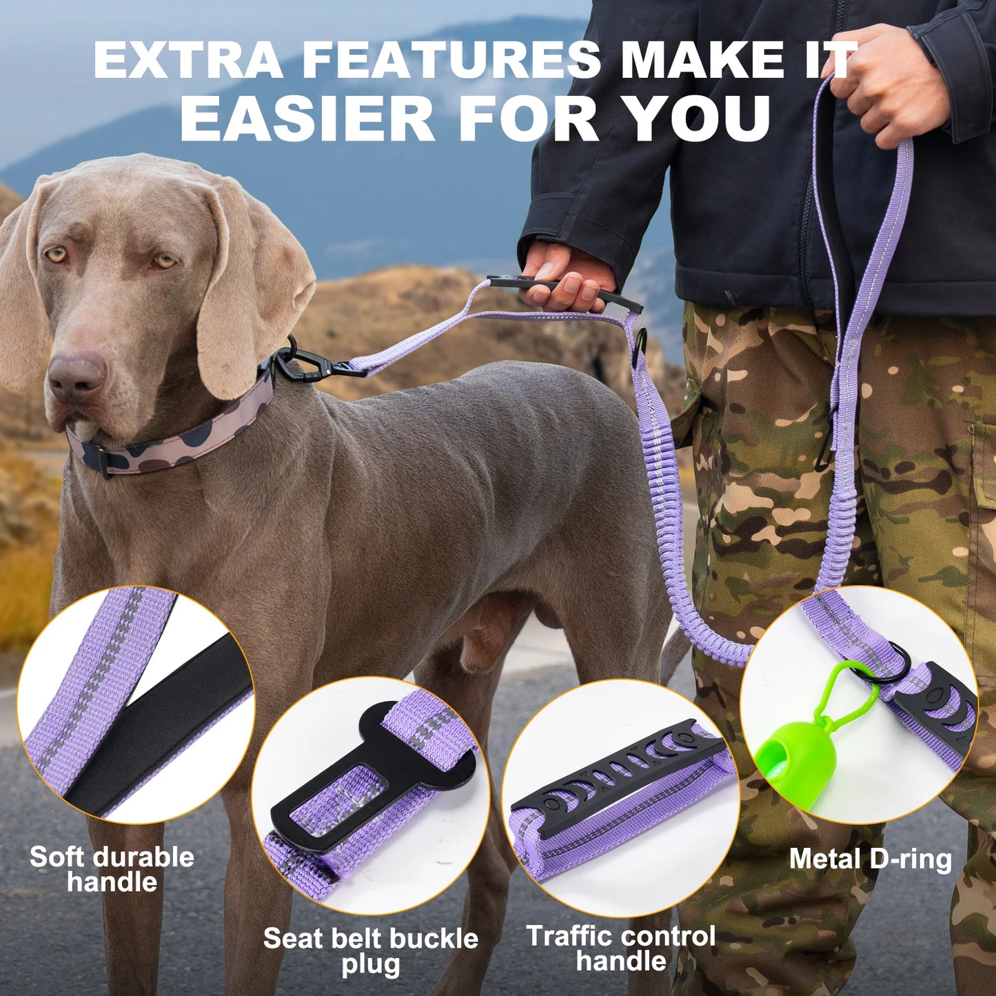 Heavy Duty Tactical Dog Lead — Reflective Bungee No-Pull Lead with Double Padded Handle for Medium & Large Dogs