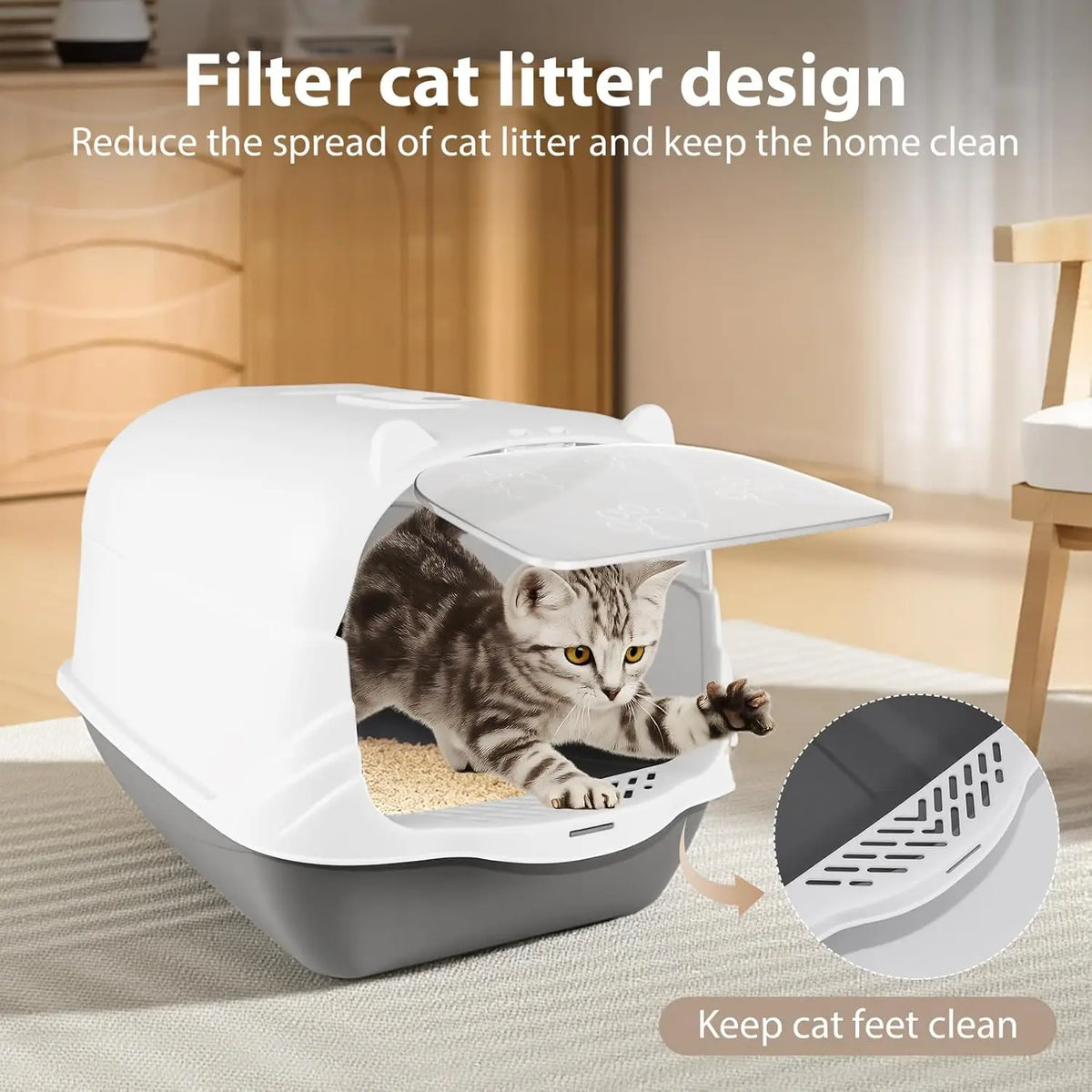 Fully Enclosed Cat Litter Tray with Lid | Activated Charcoal Odour Control | Mesh Filter | Scoop Included