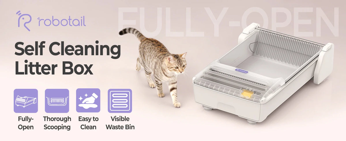 Robotail XL Self-Cleaning Cat Litter Box | Open Design | Dual Rake | Teflon Pan | 6-Cat App | 20 Liners