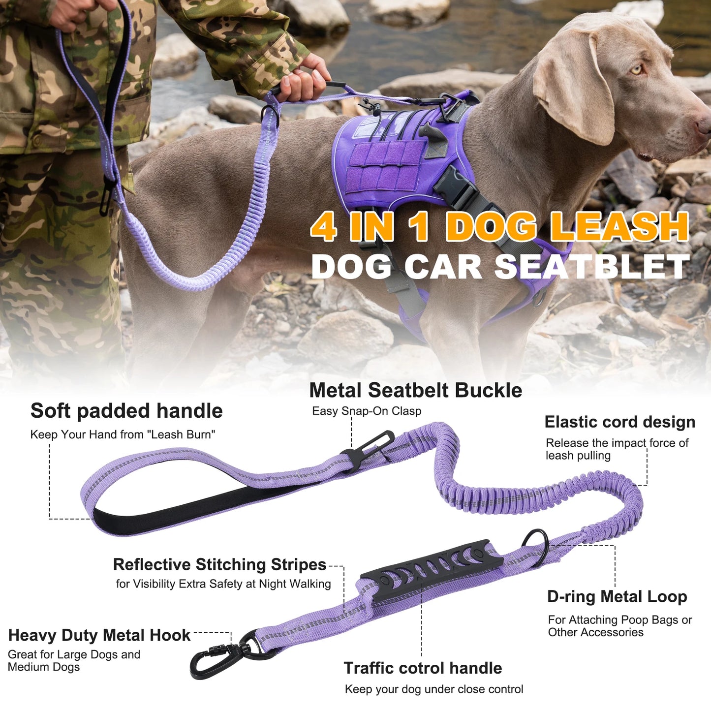 Heavy Duty Tactical Dog Lead — Reflective Bungee No-Pull Lead with Double Padded Handle for Medium & Large Dogs