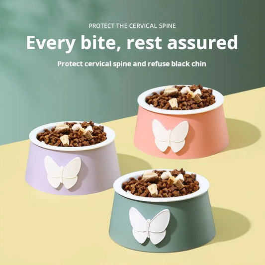 Ceramic Pet Bowl with Neck Protection - Butterfly Design Food-Grade Bowl