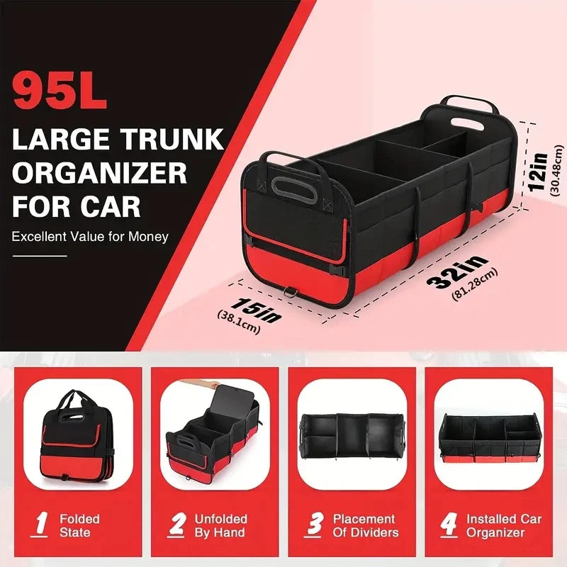 Collapsible Large Car Boot Organiser with Retractable Straps