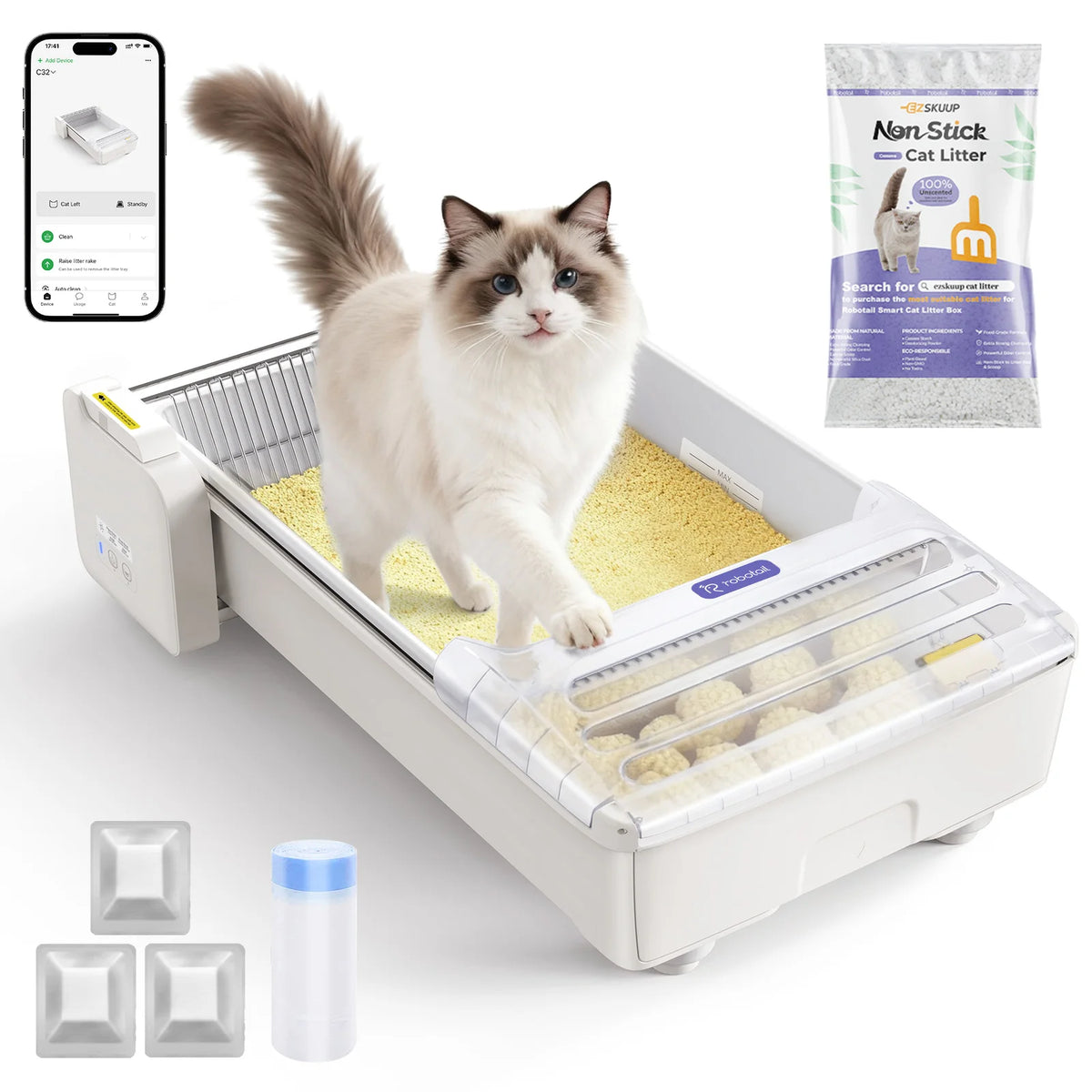 Robotail XL Self-Cleaning Cat Litter Box | Open Design | Dual Rake | Teflon Pan | 6-Cat App | 20 Liners