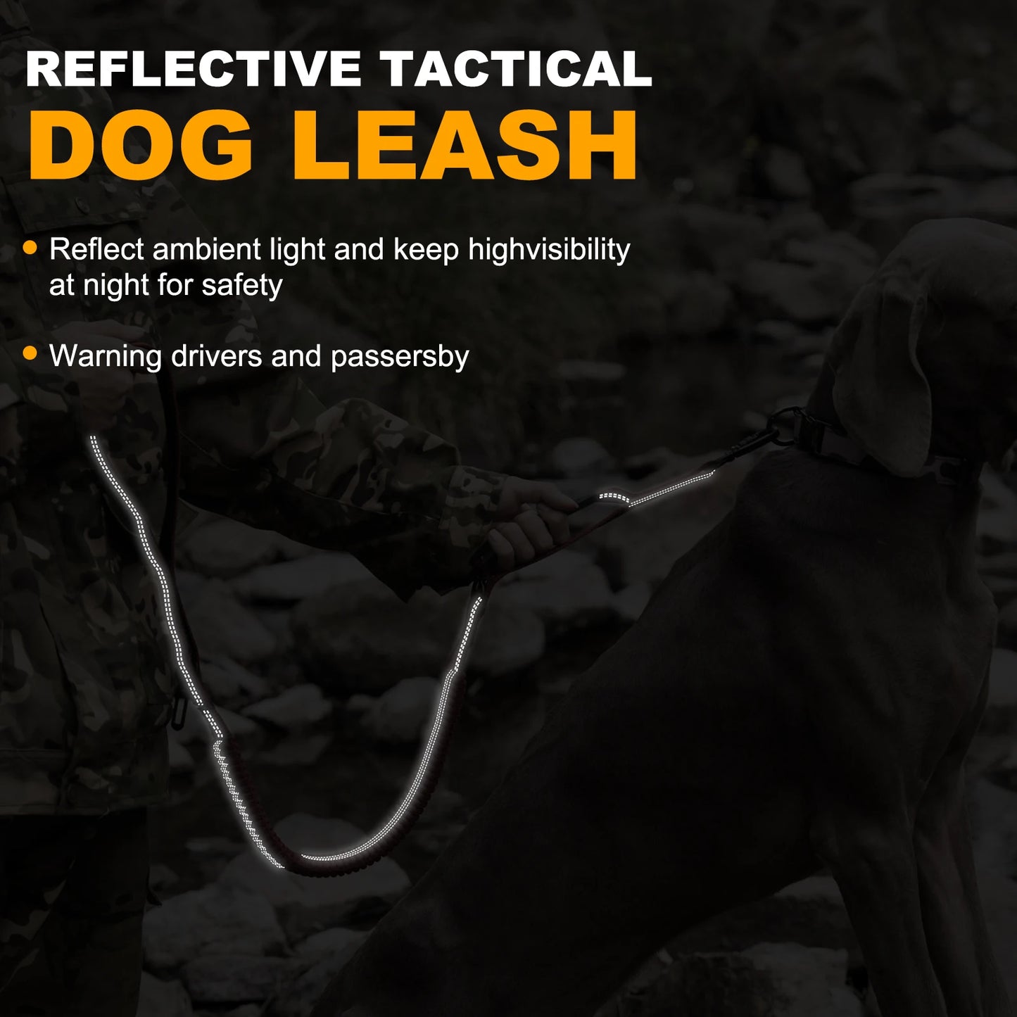 Heavy Duty Tactical Dog Lead — Reflective Bungee No-Pull Lead with Double Padded Handle for Medium & Large Dogs