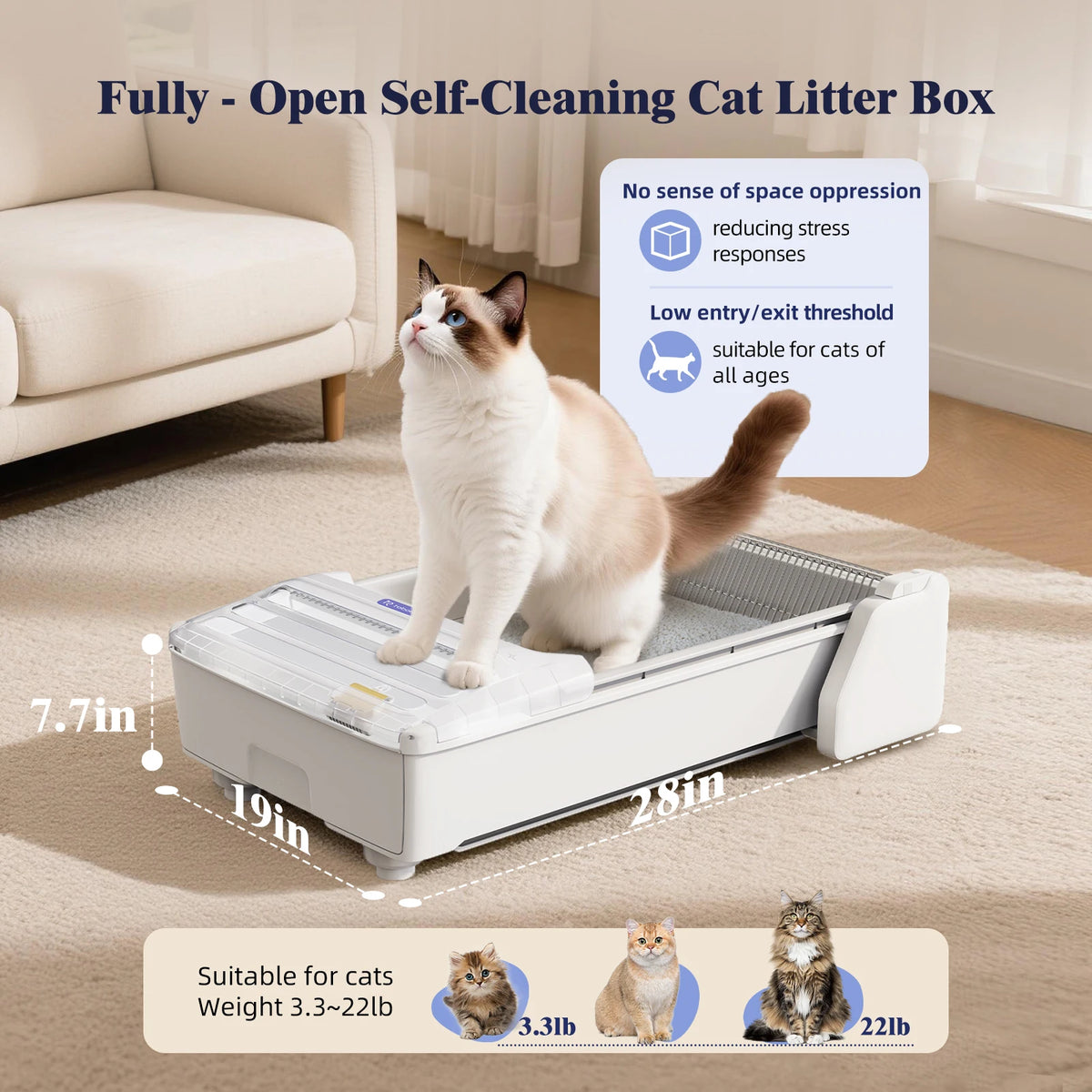 Robotail XL Self-Cleaning Cat Litter Box | Open Design | Dual Rake | Teflon Pan | 6-Cat App | 20 Liners