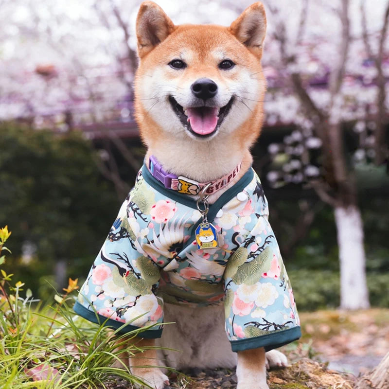 Japanese Kimono Pet Jacket with Crane & Cherry Blossom Pattern for Dogs & Cats