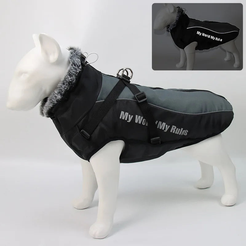Waterproof Fleece Dog Jacket with Furry Collar & Reflective Trim