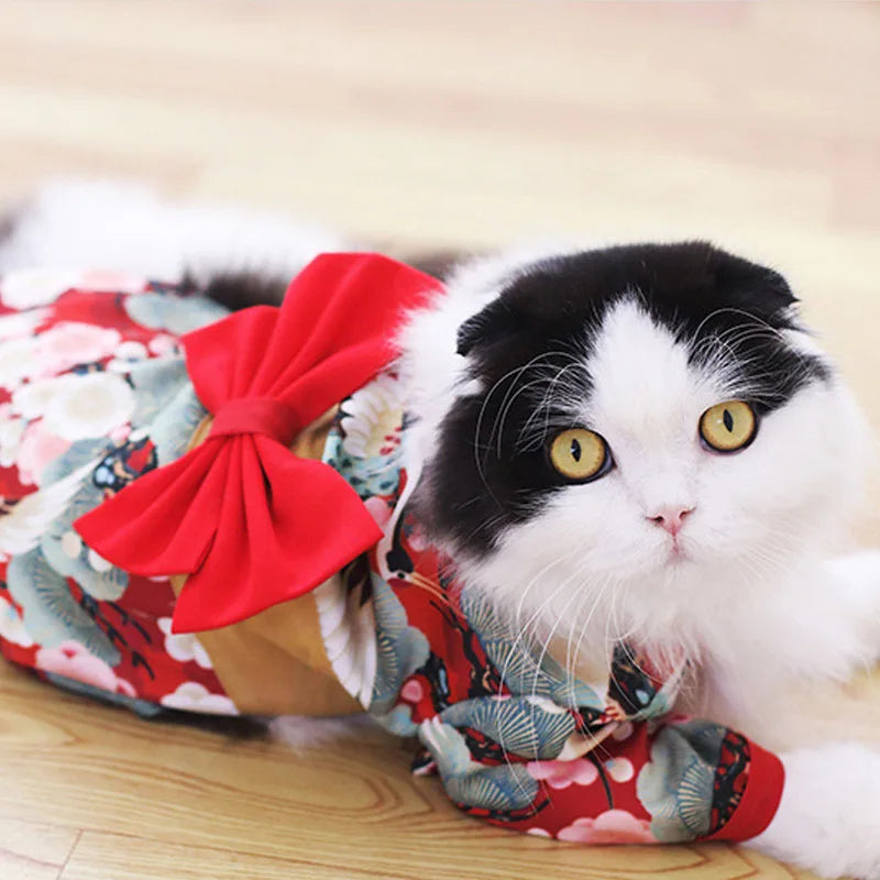 Japanese Kimono Pet Jacket with Crane & Cherry Blossom Pattern for Dogs & Cats