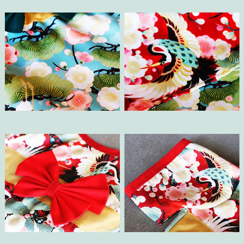 Japanese Kimono Pet Jacket with Crane & Cherry Blossom Pattern for Dogs & Cats
