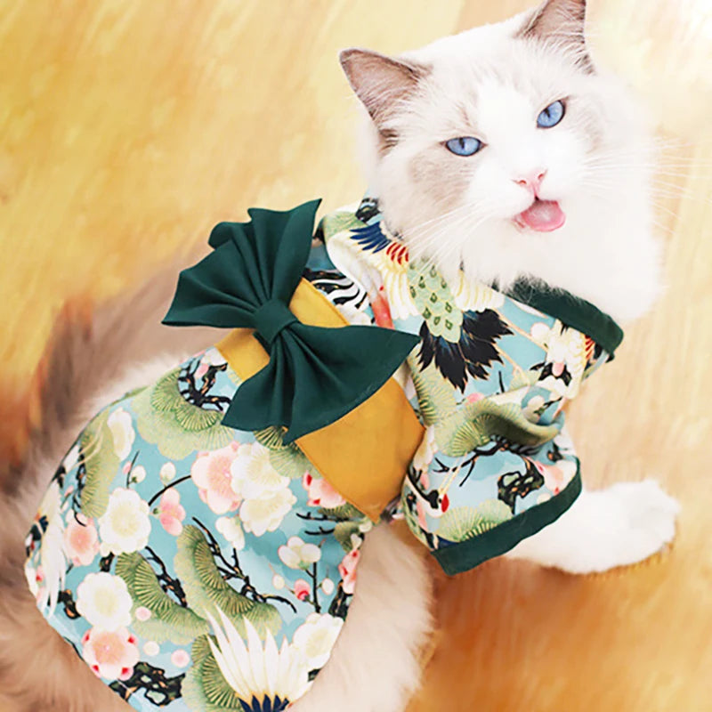 Japanese Kimono Pet Jacket with Crane & Cherry Blossom Pattern for Dogs & Cats
