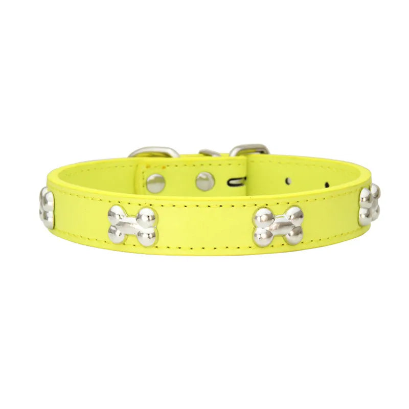 Durable Leather Dog Collar with Bone Design for Small to Large Dogs