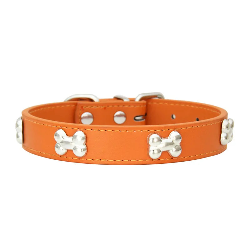 Durable Leather Dog Collar with Bone Design for Small to Large Dogs