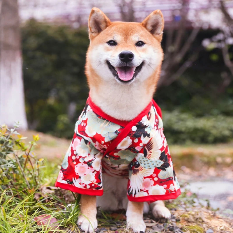 Japanese Kimono Pet Jacket with Crane & Cherry Blossom Pattern for Dogs & Cats