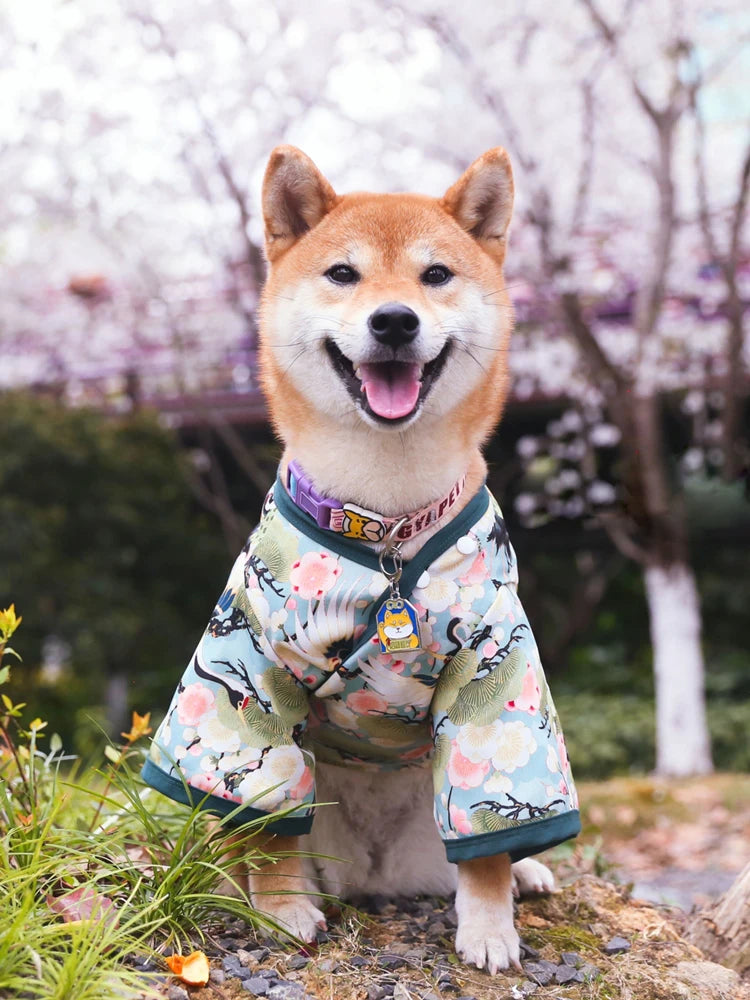Japanese Kimono Pet Jacket with Crane & Cherry Blossom Pattern for Dogs & Cats
