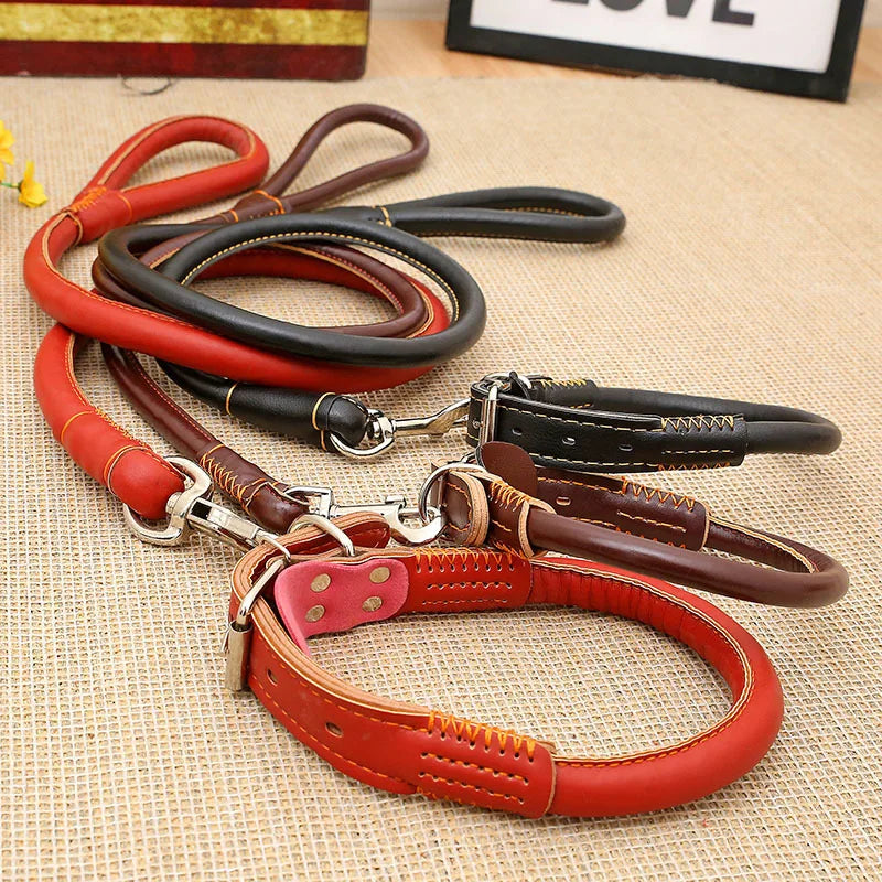Leather Big Dog Collar and Leash Sets for Medium Large Dogs Doberman Golden Retriever Super Strong Pet Leashes Outdoor Product