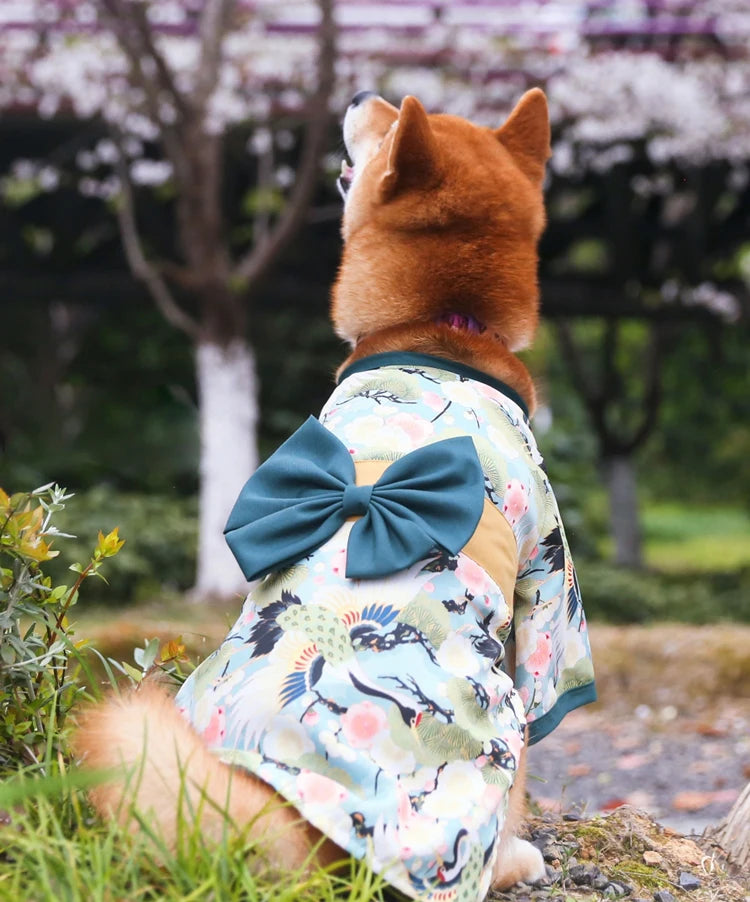 Japanese Kimono Pet Jacket with Crane & Cherry Blossom Pattern for Dogs & Cats