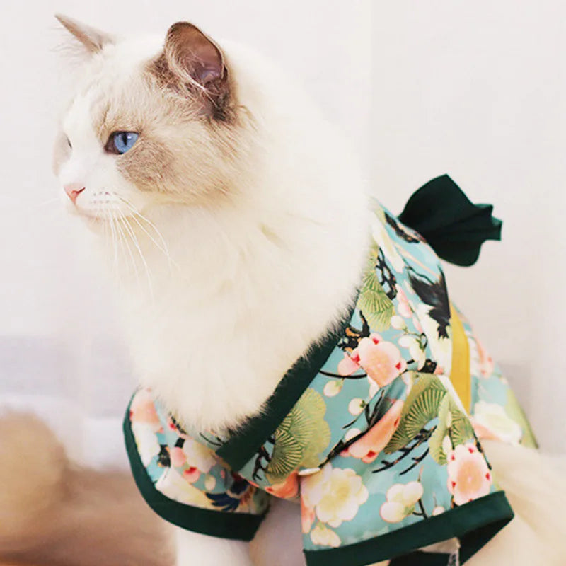 Japanese Kimono Pet Jacket with Crane & Cherry Blossom Pattern for Dogs & Cats