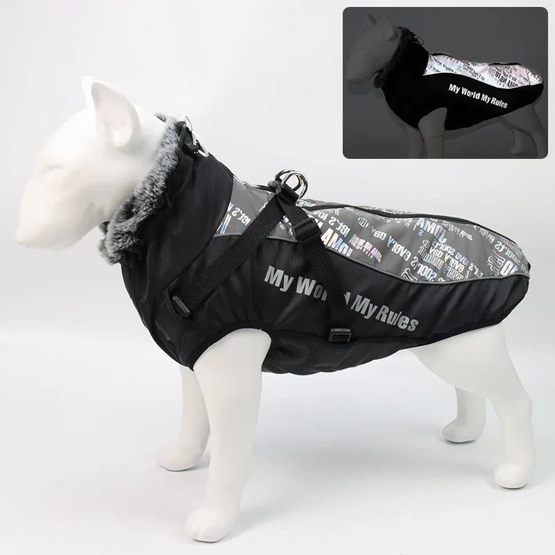 Waterproof Fleece Dog Jacket with Furry Collar & Reflective Trim