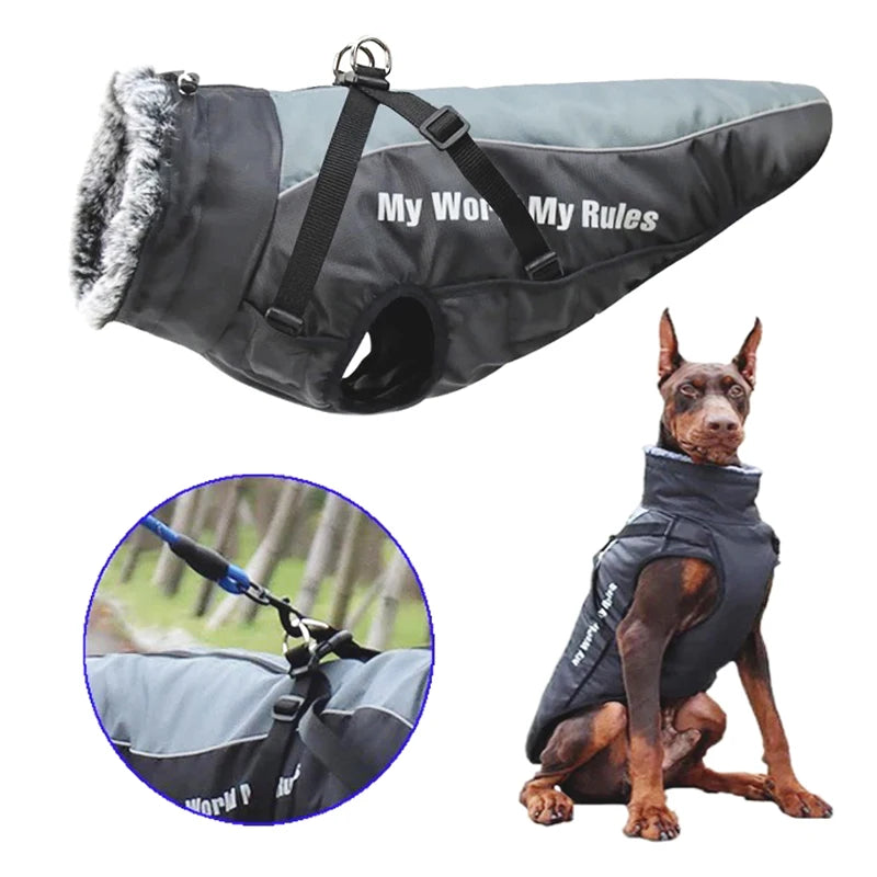 Waterproof Fleece Dog Jacket with Furry Collar & Reflective Trim