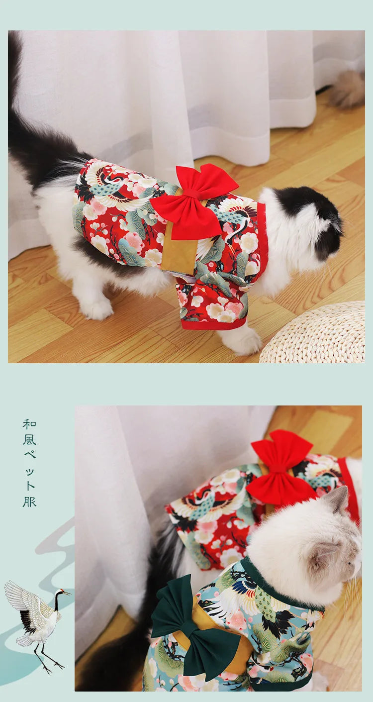 Japanese Kimono Pet Jacket with Crane & Cherry Blossom Pattern for Dogs & Cats