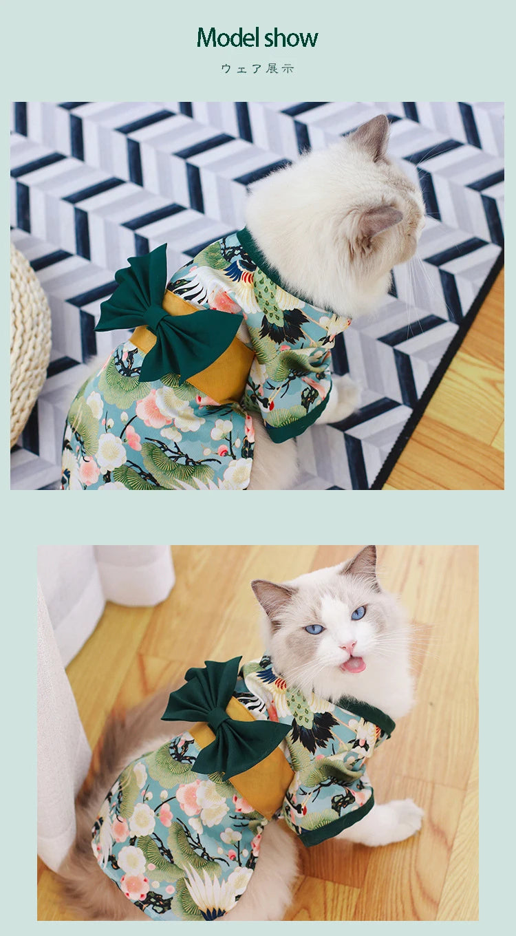 Japanese Kimono Pet Jacket with Crane & Cherry Blossom Pattern for Dogs & Cats