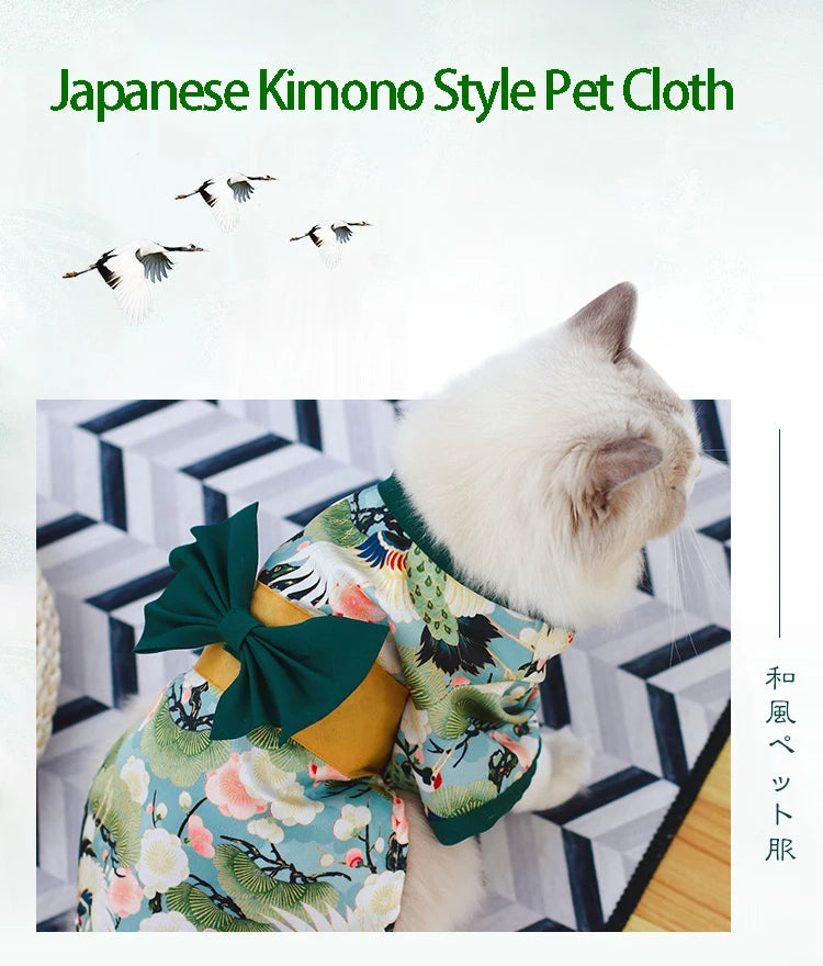Japanese Kimono Pet Jacket with Crane & Cherry Blossom Pattern for Dogs & Cats
