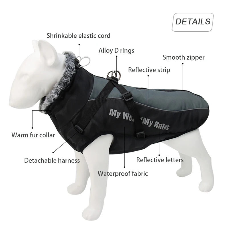 Waterproof Fleece Dog Jacket with Furry Collar & Reflective Trim