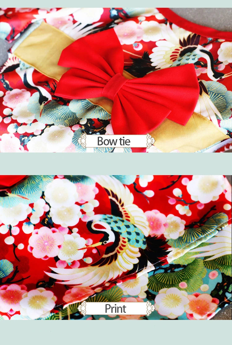 Japanese Kimono Pet Jacket with Crane & Cherry Blossom Pattern for Dogs & Cats