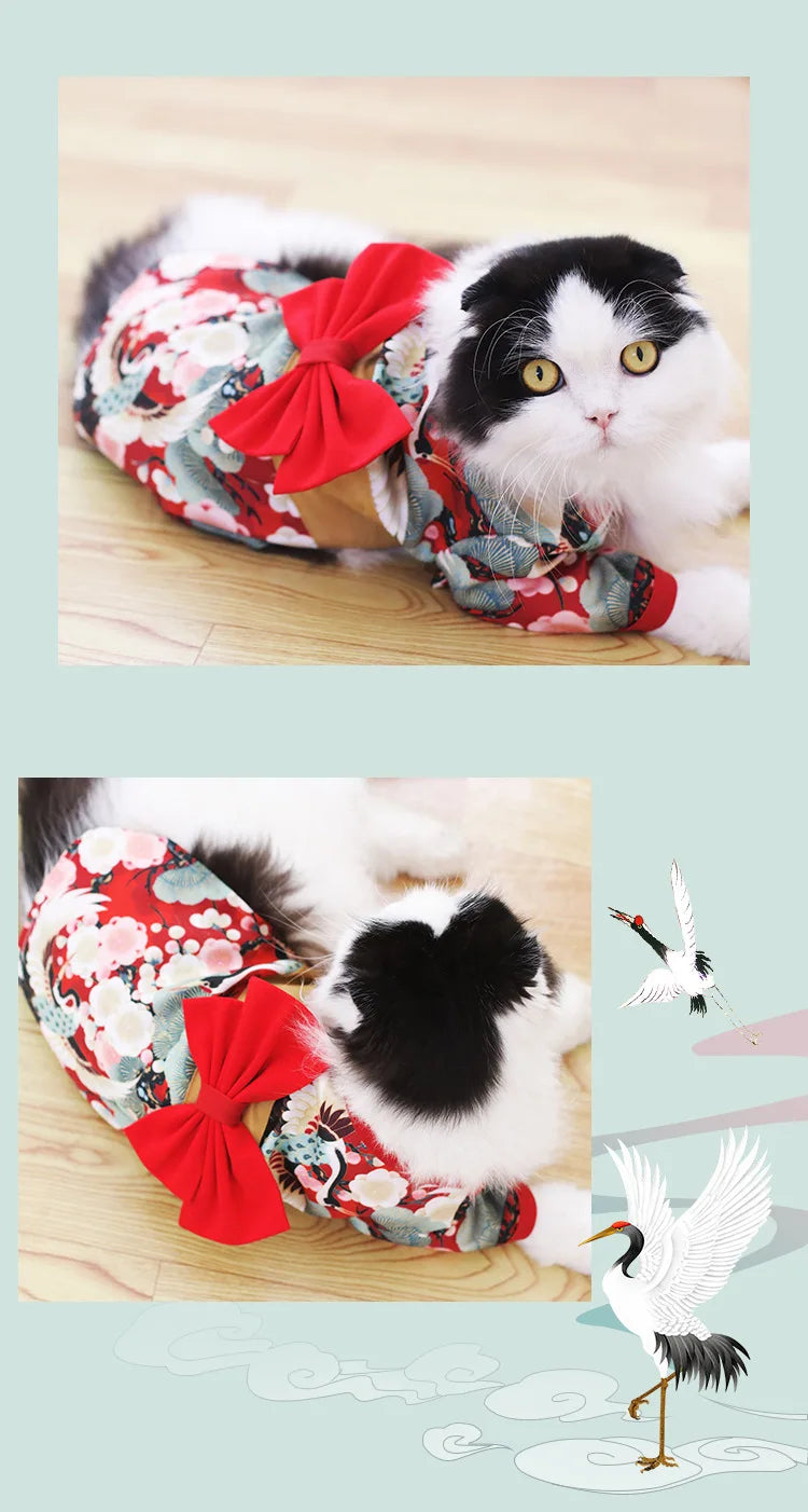 Japanese Kimono Pet Jacket with Crane & Cherry Blossom Pattern for Dogs & Cats