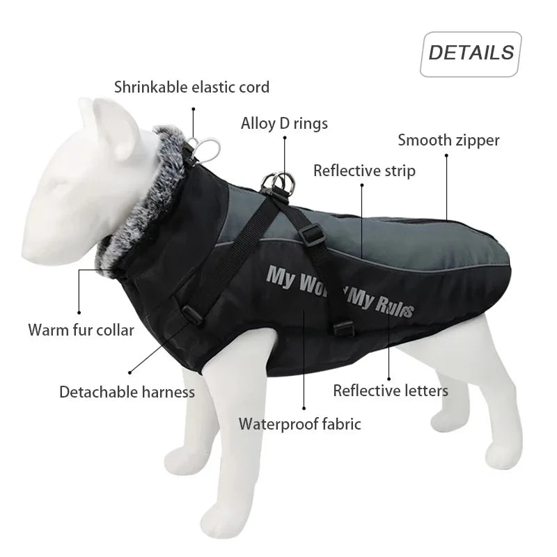Waterproof Fleece Dog Jacket with Furry Collar & Reflective Trim