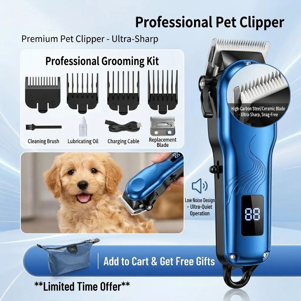 Professional Cordless Pet Grooming Clipper with LCD Display — Ultra-Quiet