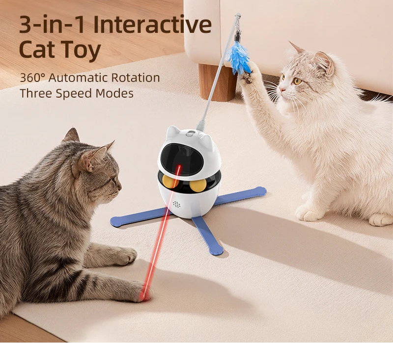 3-in-1 Smart Cat Toy with 360° Laser & 3 Replacement Feather Teasers