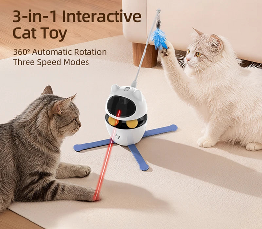 Jouet intelligent 3-en-1 pour chat avec laser à 360° et 3 recharges de plumes