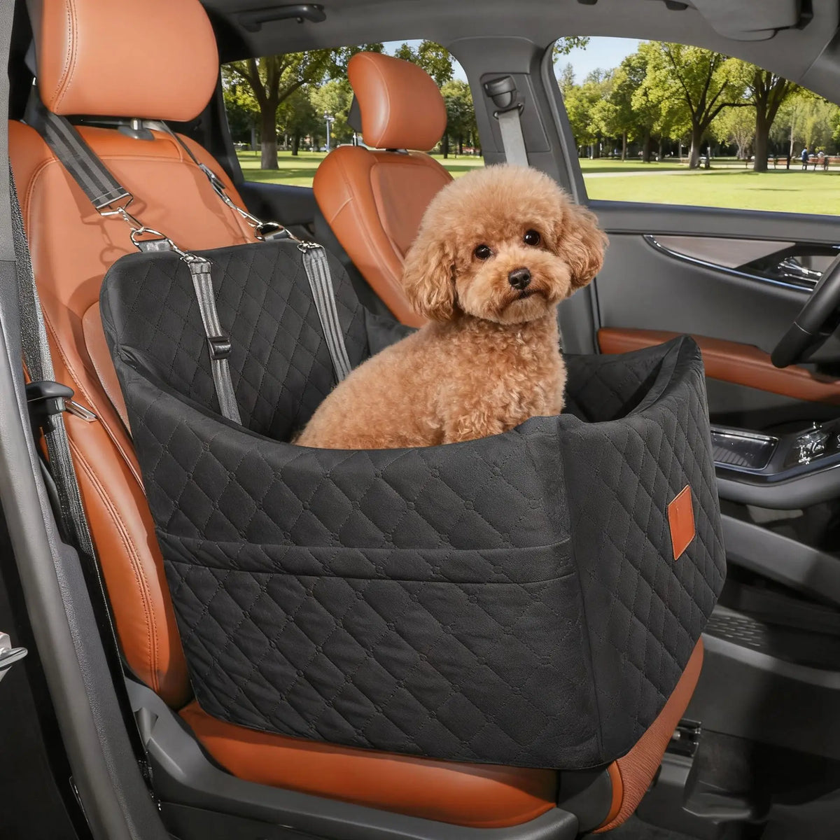 Elevated Memory Foam Dog Car Booster Seat with Storage Pockets